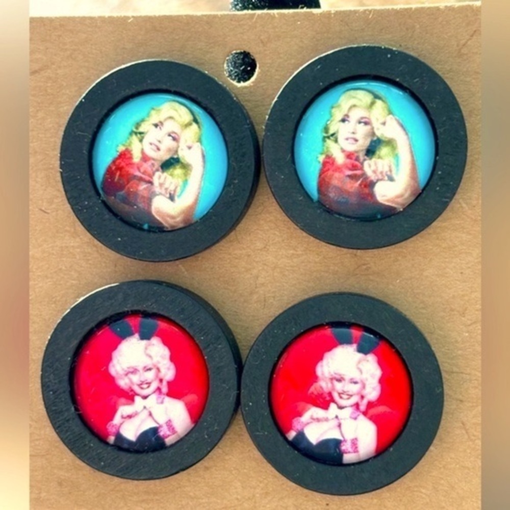 2 Pairs Dolly Parton Wood Stud Earrings, NWT, Unworn, Handmade